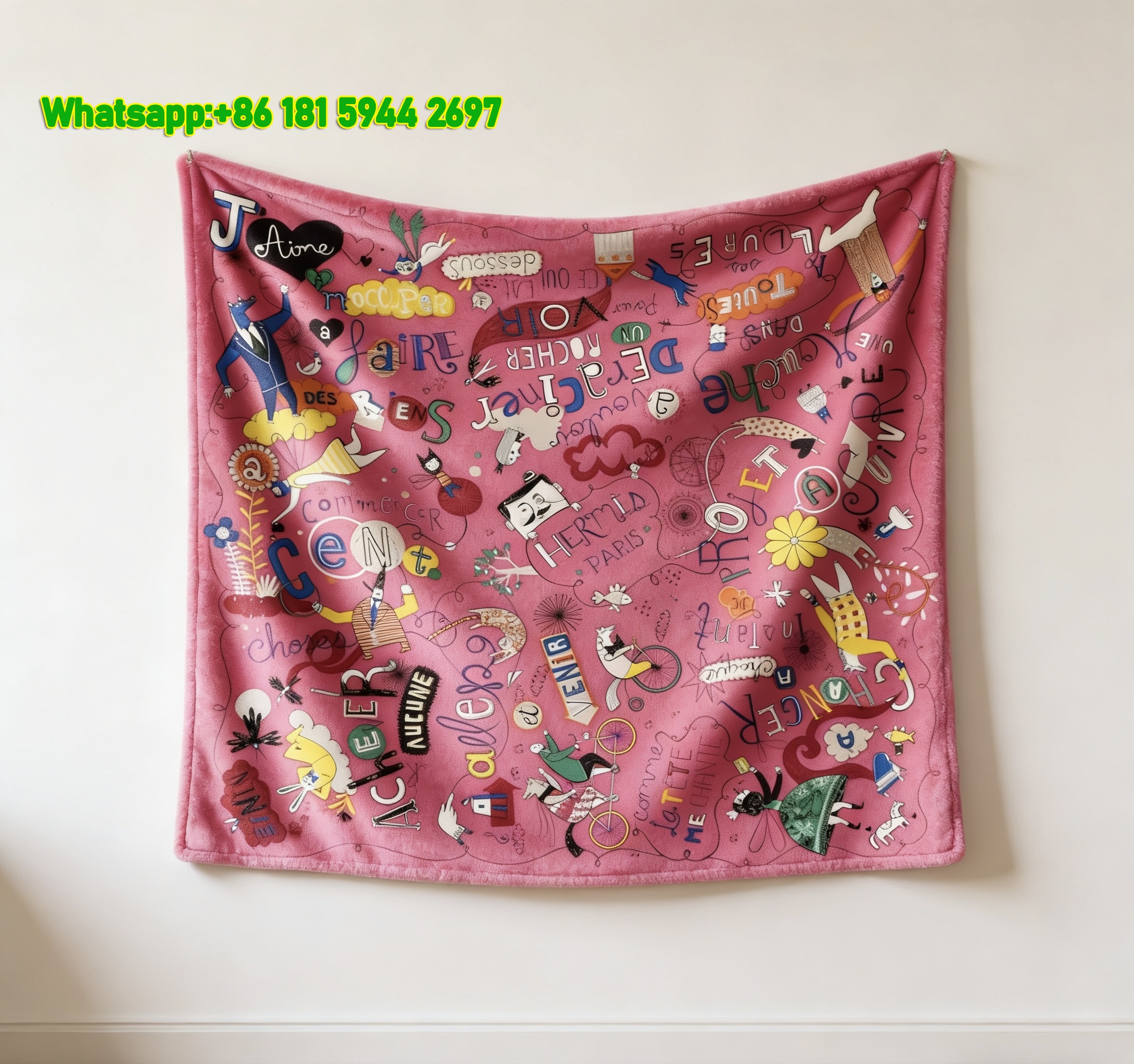 Hermès Playful Pink Doodle Letter Print Flannel Throw Blanket IMG_5390